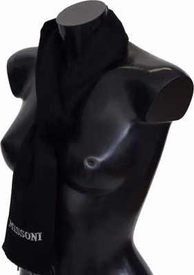 Black 100% Wool Unisex Neck Wrap Fringes Logo Scarf