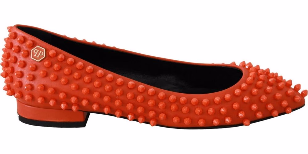 Philipp Plein Orange Leather Ballerina WHAT I DO Flats Shoes