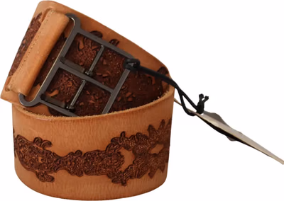 Brown Genuine Leather Black Logo Buckle Belt