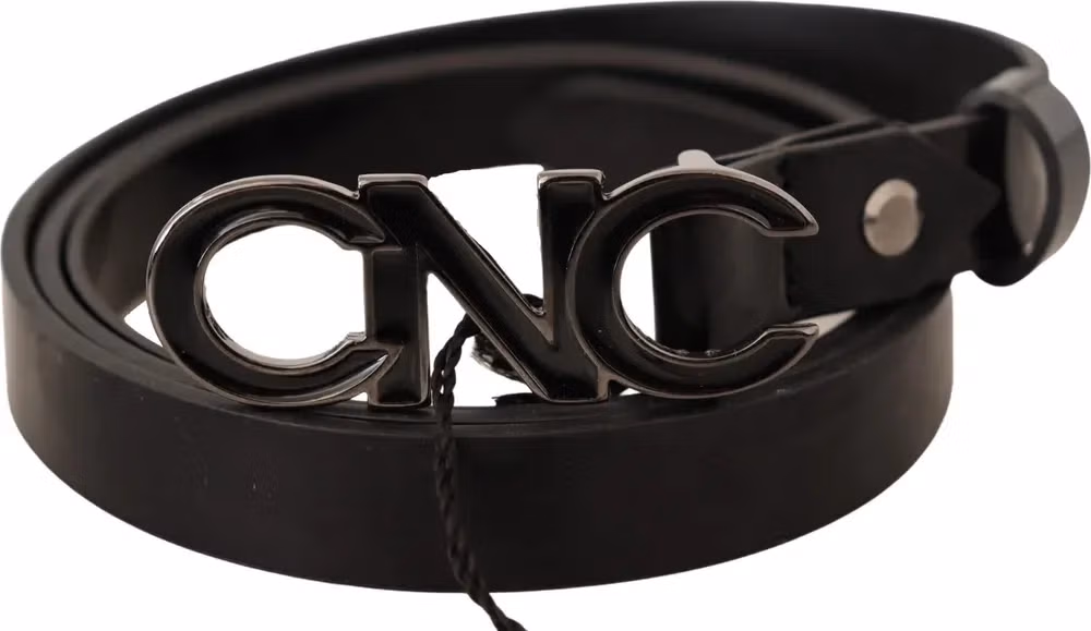 Costume National Black Leather Letter Logo Buckle Belt
