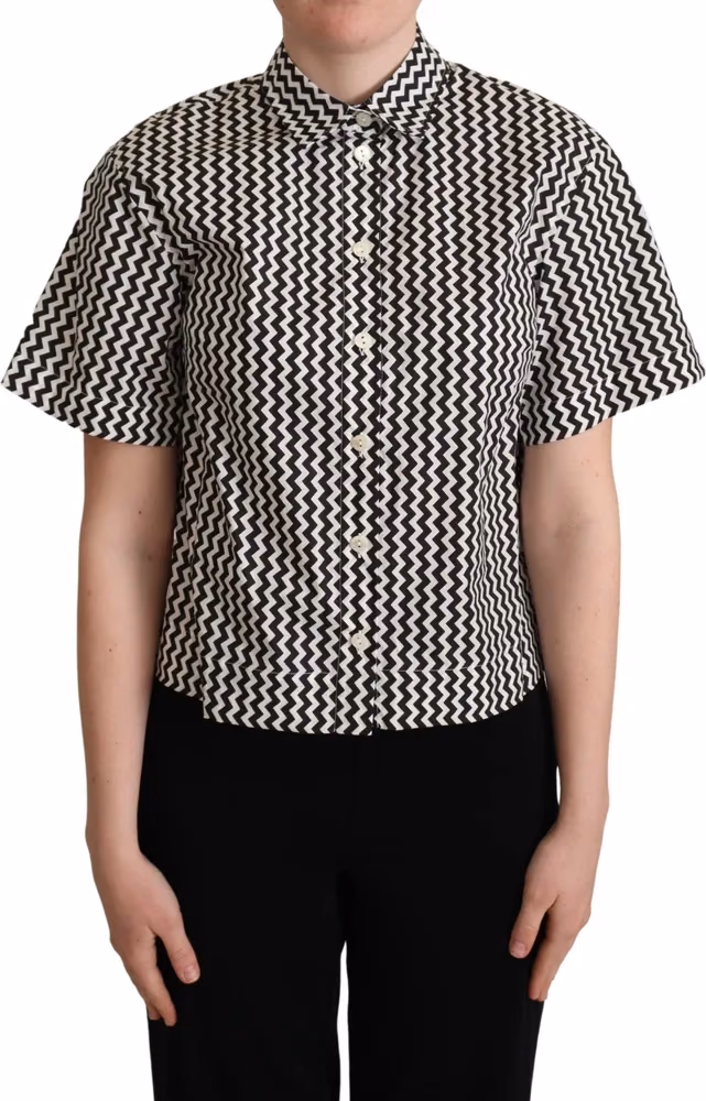 Dolce & Gabbana Black White Zigzag Collar Cotton Top Shirt
