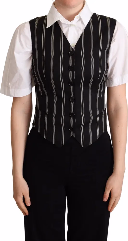 Dolce & Gabbana Black Striped Leopard Print Waistcoat Vest