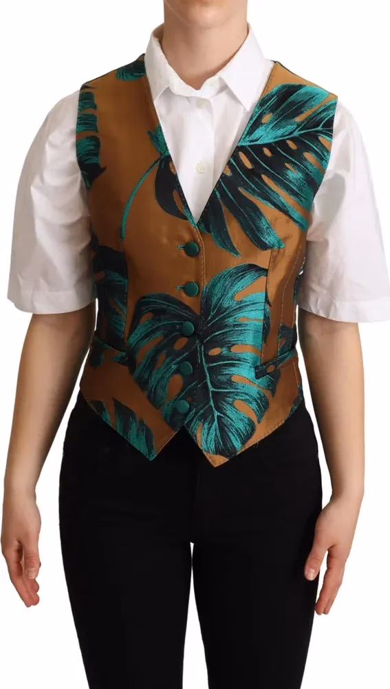 Dolce & Gabbana Green Jacquard Leaf Gold Waistcoat Vest