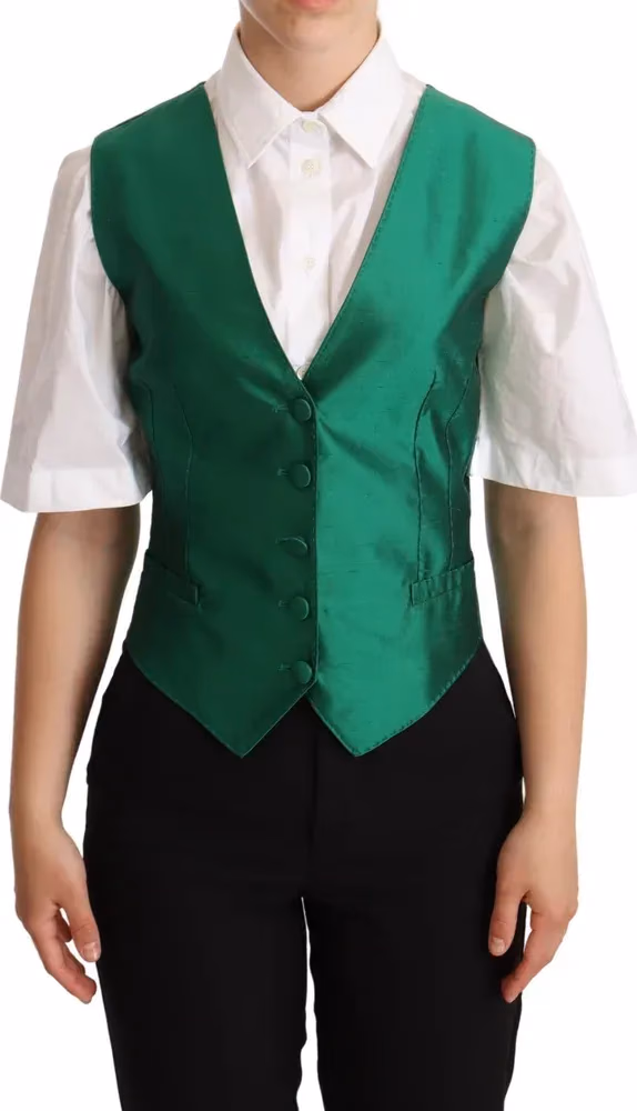 Dolce & Gabbana Green Silk Satin Sleeveless Waistcoat Vest