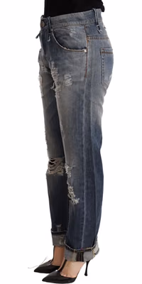 Blue Tattered Mid Waist Straight Denim Trouser