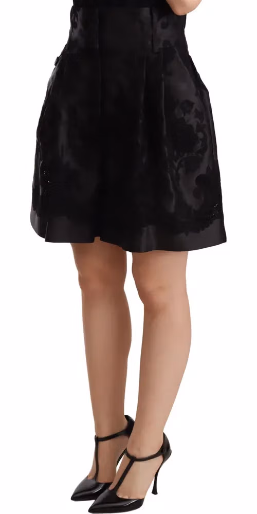 Dolce & Gabbana Black Floral Brocade High Waist Mini Shorts