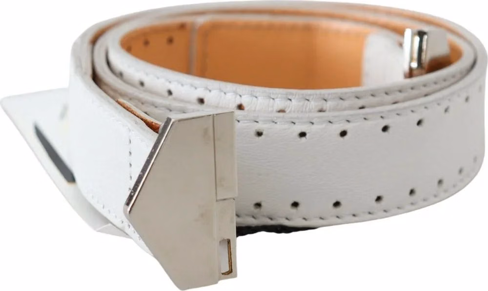 GF Ferre White Leather Hexagon Logo Buckle Waist Belt