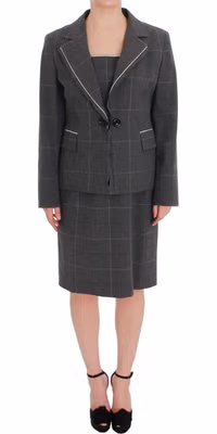 Gray Checkered Cotton Blazer Dress Set Suit