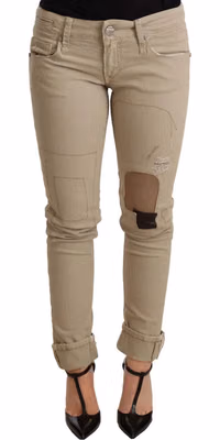 Beige Denim Cotton Bottom Slim Fit Folded Pant