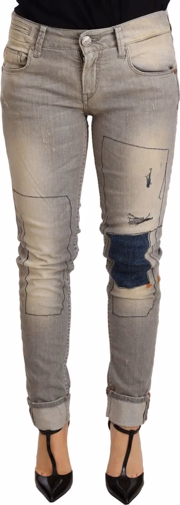 Acht Gray Cotton Slim Fit Folded Hem Women Denim Pant