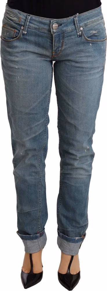 Acht Blue Washed Cotton Folded Hem Women Trouser