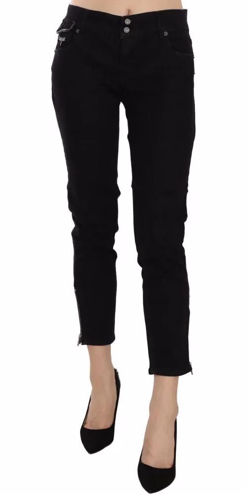 John Galliano Black Mid Waist Cropped Cut Hem Denim Casual Pants