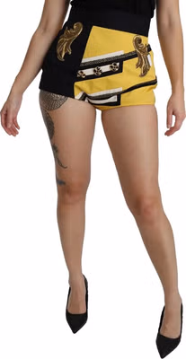 Yellow Black Cotton Jewelled Hot Pants Shorts