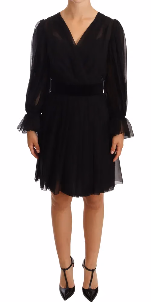 Dolce & Gabbana Black Mesh Pleated Mini Silk Stretch Dress