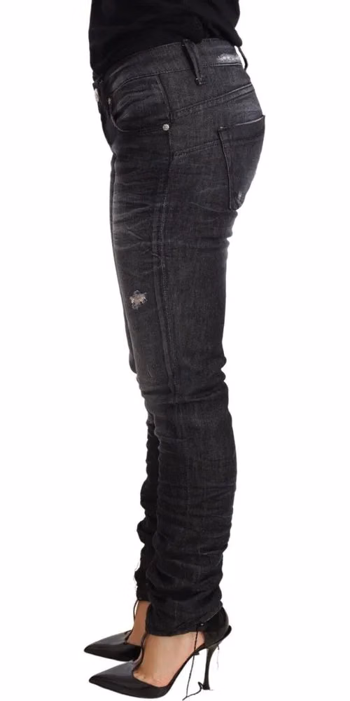 Acht Black Washed Cotton Low Waist Skinny Denim Trouser Jeans