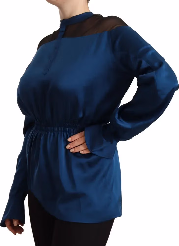 Masha Ma Blue Silk Long Sleeves Elastic Waist Top Blouse