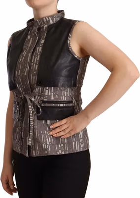 Brown Black Vest Leather Sleeveless Top Blouse