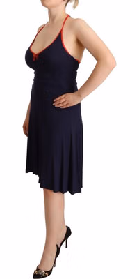 Navy Blue Sleeveless Halter Sheath Midi Dress