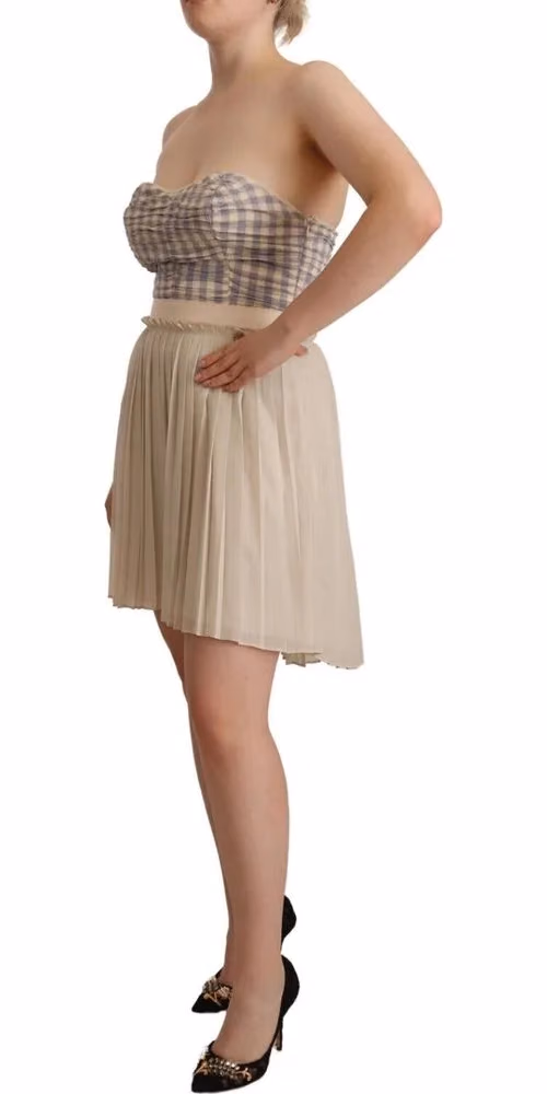 Guess Beige Checkered Pleated A-line Strapless Bustier Dress