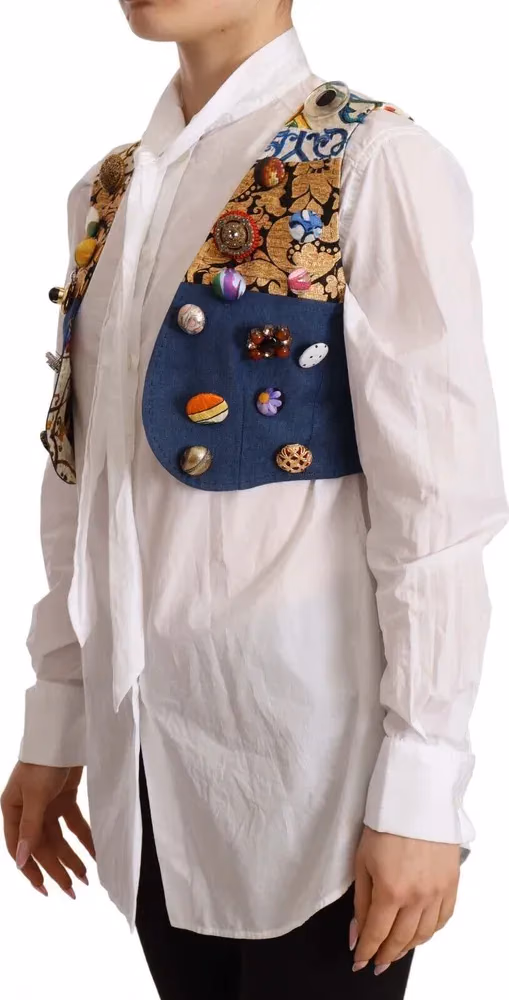 Dolce & Gabbana Multicolor Embellished Waist Coat Cotton Top