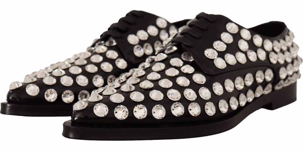 Dolce & Gabbana Black Leather Crystals Lace Up Formal Shoes
