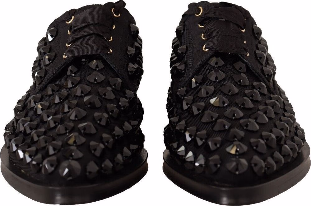Dolce & Gabbana Black Lace Up Studded Formal Flats Shoes