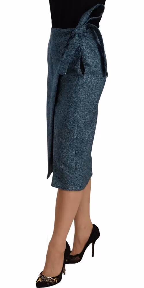 Koonhor Blue High Waist Pencil Straight Wrap Style Skirt