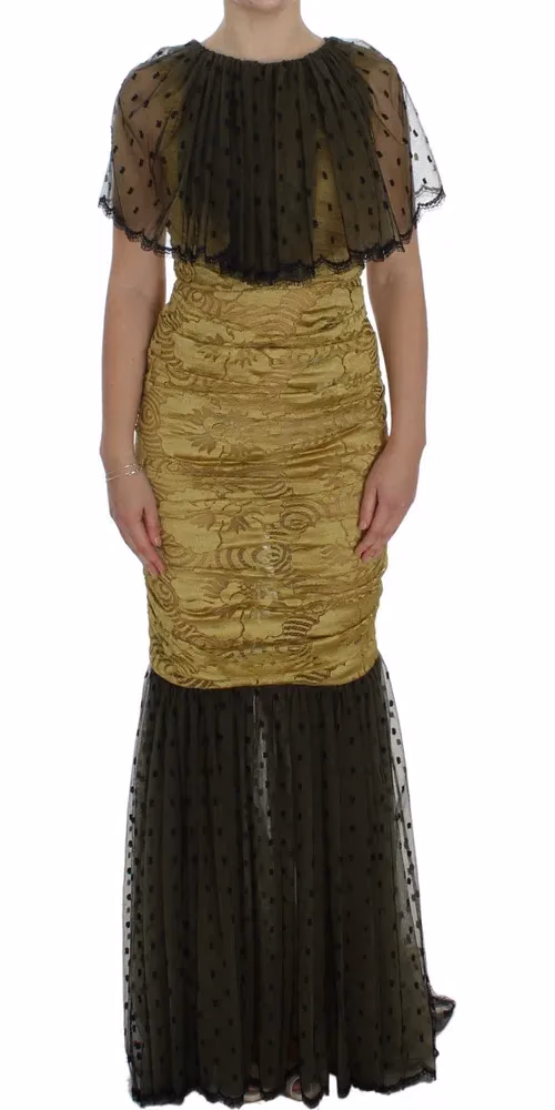 Dolce & Gabbana Yellow Black Floral Lace Ricamo Gown Dress
