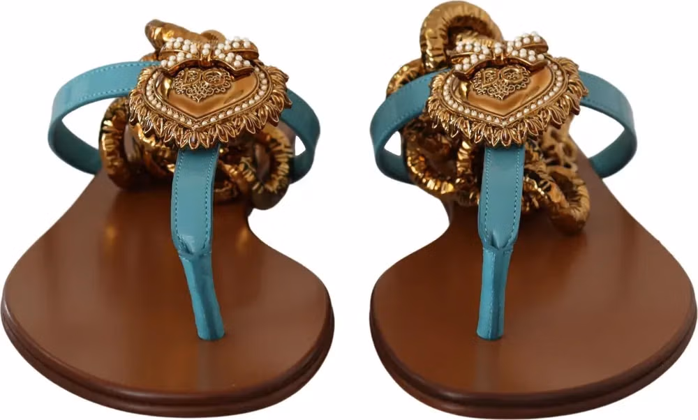 Dolce & Gabbana Blue Leather Devotion Flats Sandals