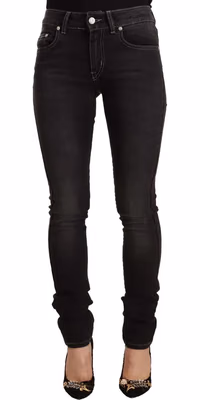 Black Washed Mid Waist Cotton Denim Skinny Jeans