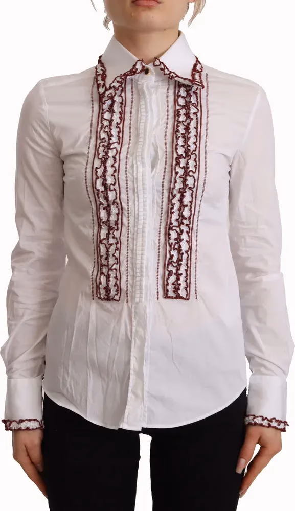 Dolce & Gabbana White Cotton Lace Long Sleeves Ruffle Collar Top Shirt