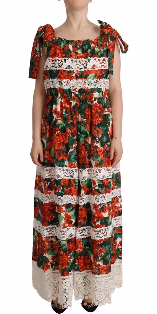 Dolce & Gabbana Multicolor Geranium Print Lace Long Maxi Dress