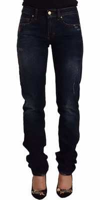 Dark Blue Washed Mid Waist Cotton Denim Skinny Jeans