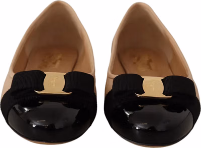 Beige and Black Nappa Leather Ballet Flat Shoes