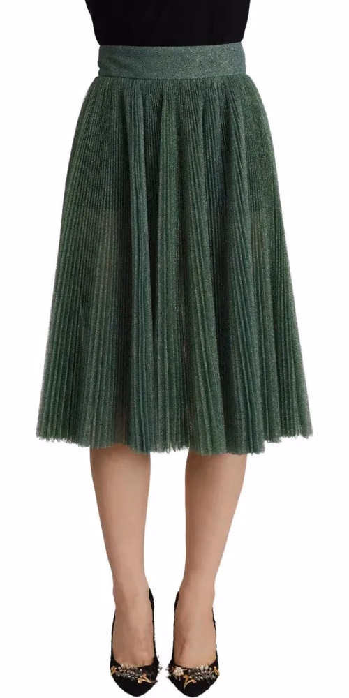 Dolce & Gabbana Metallic Green High Waist A-line Pleated Skirt