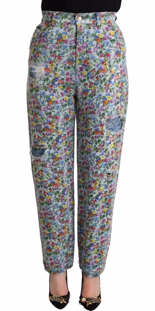 Dolce & Gabbana Blue Floral Print High Waist Denim Tapered Jeans