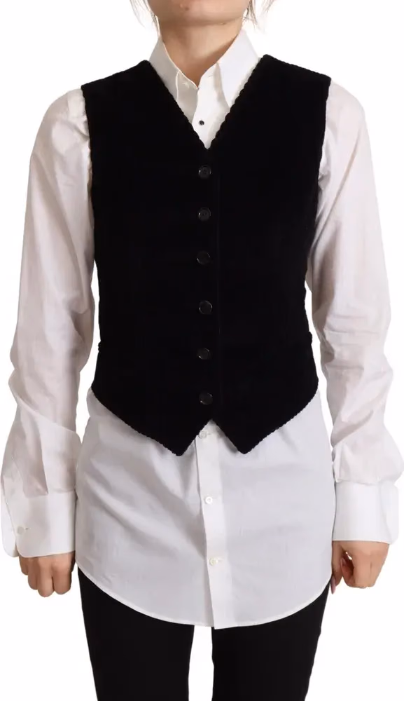Dolce & Gabbana Black V-neck Leopard Corduroy Button Vest Top
