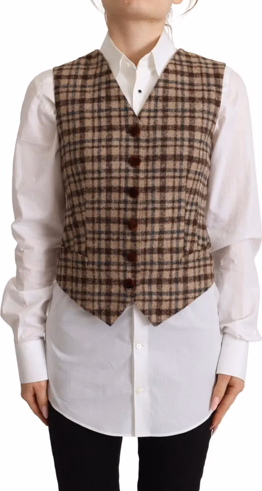 Dolce & Gabbana Brown Checkered Leopard V-neck Sleeveless Vest Top