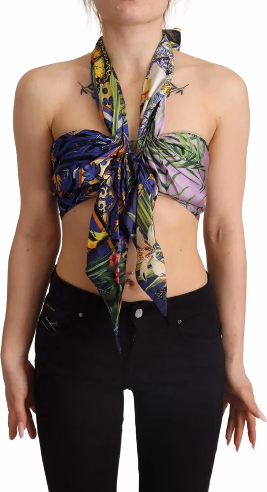 Dolce & Gabbana Multicolor Foulard Silk Halter Cropped Top
