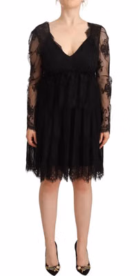 Black Floral Lace Cotton Long Sleeves V-neck Shift Dress