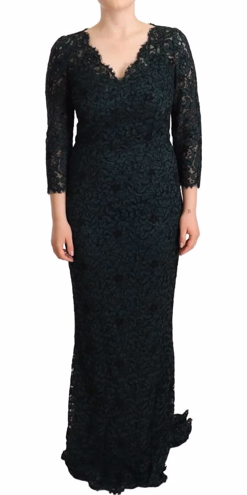 Dolce & Gabbana Green Floral Lace Maxi Floor Length Dress