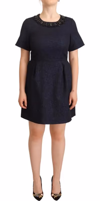 Black Embellished Short Sleeves Mini A-line Dress