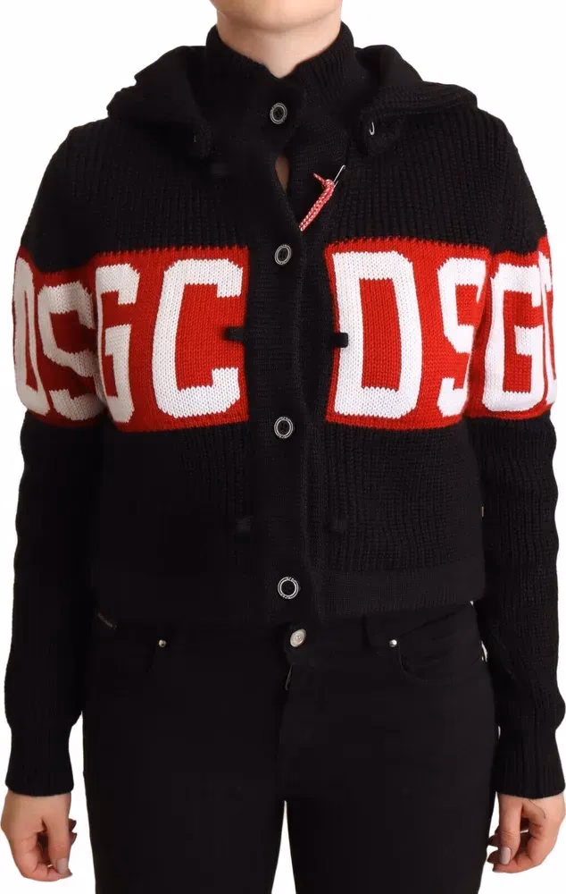 GCDS Black Cashmere Hooded Button Down Logo Cardigan Jacket