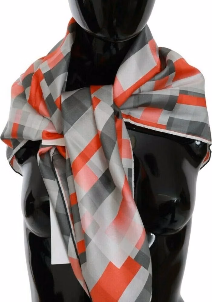 Costume National Gray Red Silk Shawl Foulard Wrap  Scarf