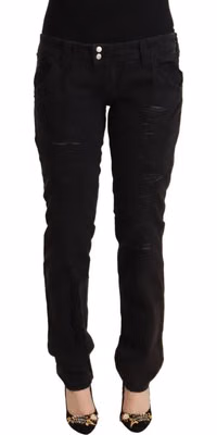 Black Cotton Distressed Low Waist Slim Fit Denim Jeans
