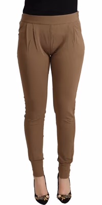 Brown Viscose Mid Waist Slim Tapered Pants