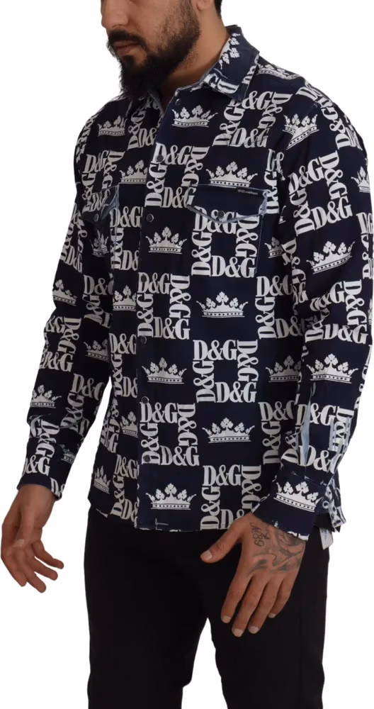 Dolce & Gabbana Blue Denim Stretch DG Crown Logo Casual Shirt