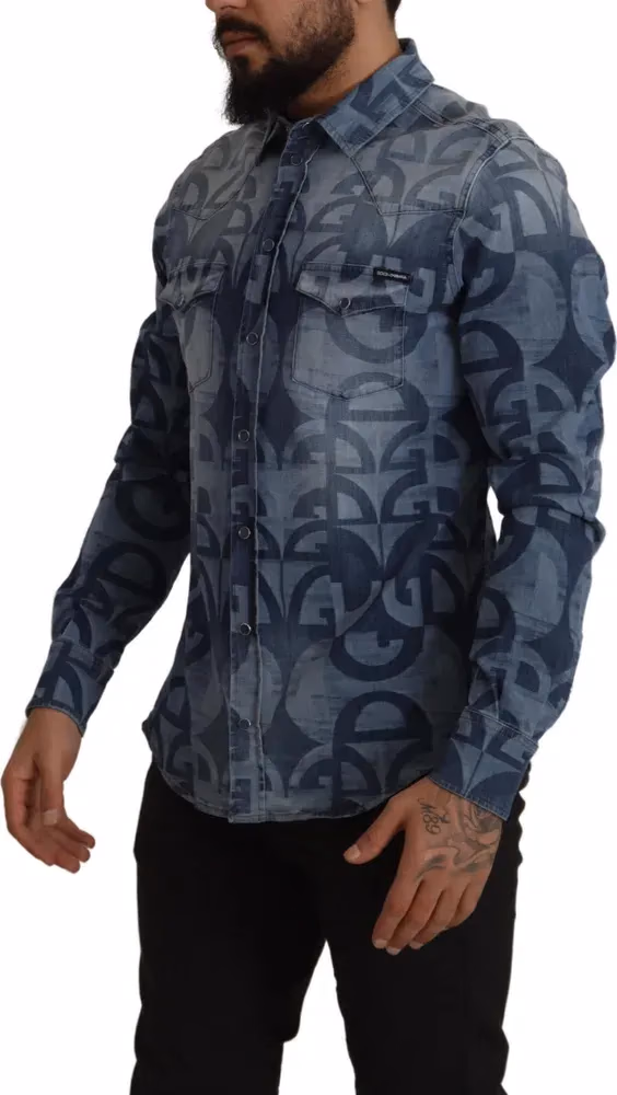 Dolce & Gabbana Blue Denim Stretch DG Logo Casual Mens Slim Shirt