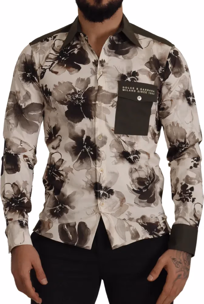 Dolce & Gabbana Green Beige Floral Cotton Stretch Exclusive Shirt