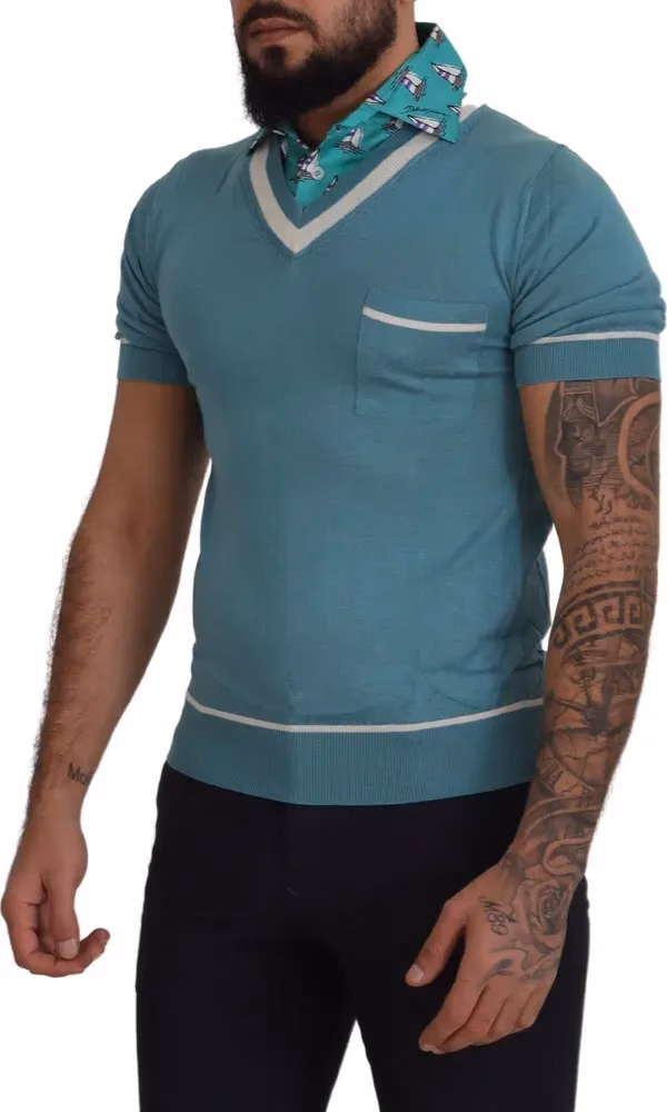 Dolce & Gabbana Blue Silk Polo Top Mens V-neck  T-shirt